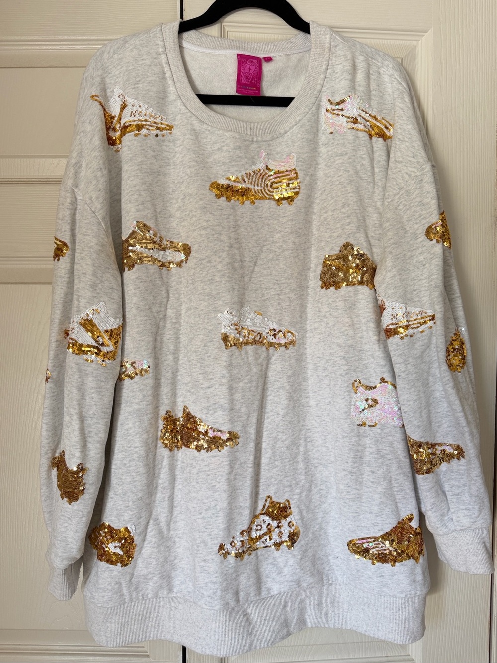 QUEEN OF SPARKLES Gray Sweatshirt with Gold Sequin Sneaker Motifs